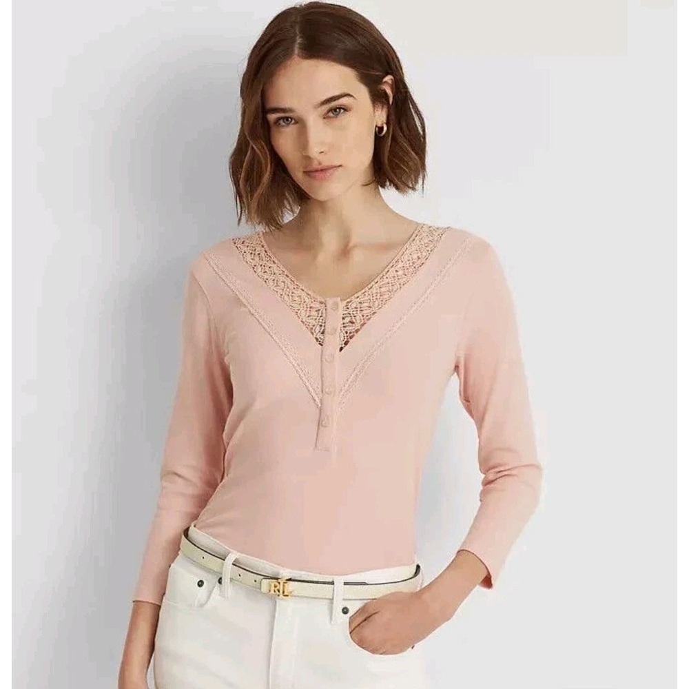 LAUREN Ralph Lauren Black Label Lace Trim Henley Top Size L Large Pink $79.50